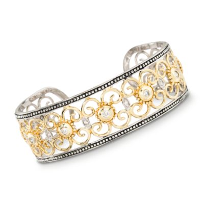 .40 ct. t.w. CZ Scrollwork Cuff Bracelet In Sterling Silver and Vermeil. Adjustable Size &mdash; Alt Image 1