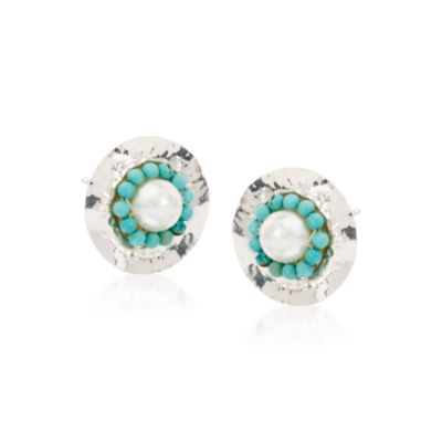 7mm Cultured Pearl and Turquoise Earrings In Sterling Silver &mdash; Alt Image 1