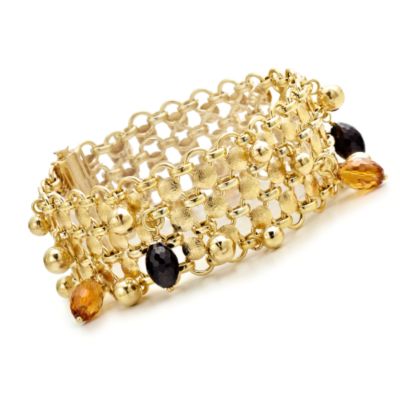 C. 2000 Vintage Wide Bracelet With Citrine and Smoky Quartz In 14kt Yellow Gold. 7.5" &mdash; Alt Image 1