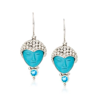 Carved Turquoise Goddess Earrings In Sterling Silver &mdash; Alt Image 1