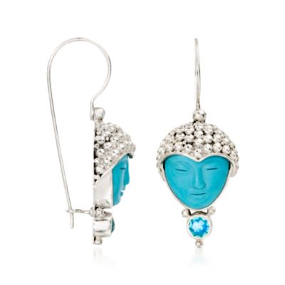 Carved Turquoise Goddess Earrings In Sterling Silver &mdash; Alt Image 2