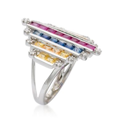 3.35 ct. t.w. Multicolored Sapphire Ring With Diamond In 14kt White Gold &mdash; Alt Image 2