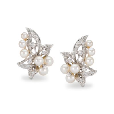 C. 1960 Vintage 1.60 ct. t.w. Diamond Earrings With Cultured Pearl In 14kt White Gold &mdash; Alt Image 1
