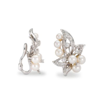 C. 1960 Vintage 1.60 ct. t.w. Diamond Earrings With Cultured Pearl In 14kt White Gold &mdash; Alt Image 2