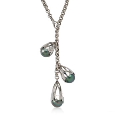 Black Faux Pearl Dangle Necklace In Bronze With 18kt White Gold. 22" &mdash; Alt Image 1