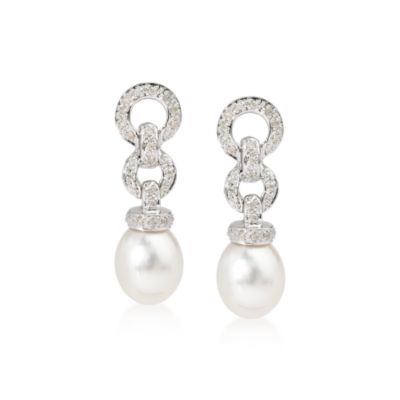 Cultured Pearl and Diamond Chain-Link Earrings In 14kt White Gold &mdash; Alt Image 1