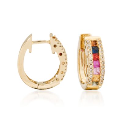 .80 ct. t.w. Multicolored Sapphireand Diamond Hoop Earrings In 14kt Yellow Gold &mdash; Alt Image 1