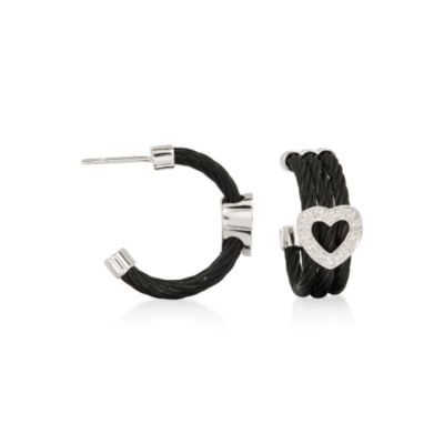 Diamond Heart Hoop Earrings In Sterling Silver and Blackened Stainless Steel &mdash; Alt Image 1