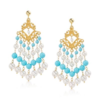3-6.5mm Cultured Pearl and Turquoise Chandelier Earrings In Vermeil &mdash; Alt Image 1