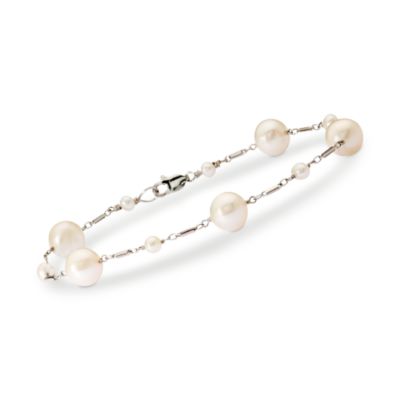 Cultured Pearl Station Bracelet In 14kt White Gold. 7" &mdash; Alt Image 1
