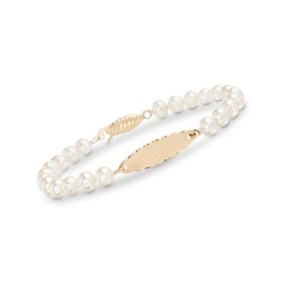 Child's Cultured Pearl Id Bracelet In 14kt Yellow Gold. 5" &mdash; Alt Image 1