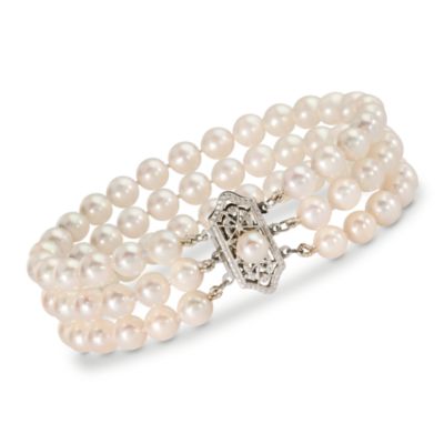 C.1970 Vintage Cultured Pearl Multi-Strand Bracelet In 14kt White Gold. 6.5" &mdash; Alt Image 1