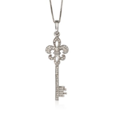 Diamond Fleur-De-Lis Key Necklace In Sterling Silver &mdash; Alt Image 1