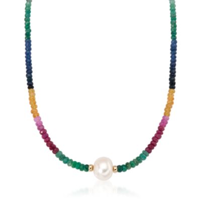 12-13mm Cultured Pearl and Multicolored Sapphire Necklace In 14kt Yellow Gold &mdash; Alt Image 1