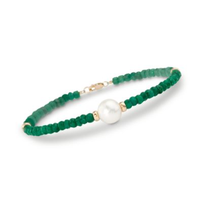 29.00 ct. t.w. Beaded Emerald Bracelet With 10mm Cultured Pearl In 14kt Yellow Gold &mdash; Alt Image 1