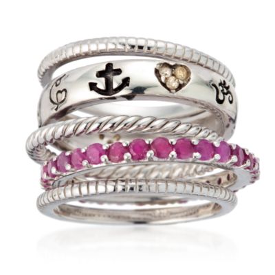 Christie Brinkley Set of Five Stackable Band Rings With Rubies and Diamonds In Sterling Silver &mdash; Alt Image 1