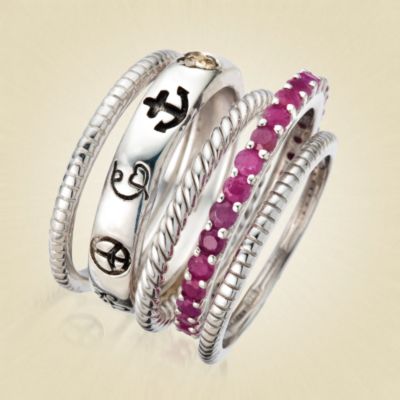 Christie Brinkley Set of Five Stackable Band Rings With Rubies and Diamonds In Sterling Silver &mdash; Alt Image 2