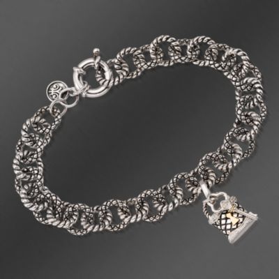 Andrea Candela 18kt Gold and Textured Sterling Diamond Accent Charm Bracelet. 7" &mdash; Alt Image 1