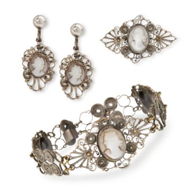 C. 1930 Vintage Mother-Of-Pearl Cameo Bracelet, Earrings and Brooch Set In Sterling Silver  &mdash; Alt Image 1