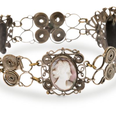 C. 1930 Vintage Mother-Of-Pearl Cameo Bracelet, Earrings and Brooch Set In Sterling Silver  &mdash; Alt Image 3