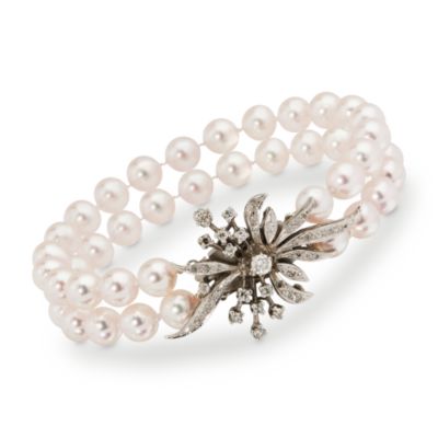 C. 1950 Vintage 7-7.5mm Cultured Pearl Bracelet With Diamond Brooch Clasp In Platinum. 7.5" &mdash; Alt Image 1
