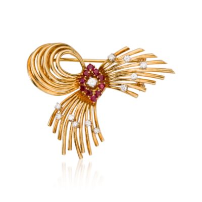 C. 1960 Vintage Ruby Swirl Brooch With Diamonds In 18kt Yellow Gold   &mdash; Alt Image 1