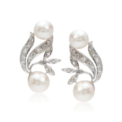 C. 1960 Vintage Diamond and Cultured Pearl  Earrings In 14kt White Gold &mdash; Alt Image 1