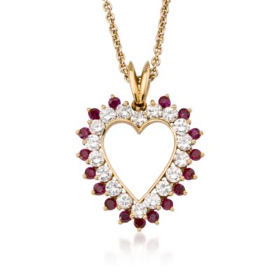 C. 1980 Vintage Kurt Wayne Open Heart Pendant With 1.25 ct. t.w. Diamonds and .75 ct. t.w. Rubies In 14kt Yellow Gold. 15" &mdash; Alt Image 1