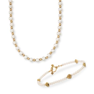 C. 1980. Vintage 14kt Yellow Gold and Cultured Freshwater Pearl Necklace. 18". 18kt Yellow Gold and Cultured Freshwater Pearl Heart Bracelet With Toggle Clasp. 7.25". Set &mdash; Alt Image 1