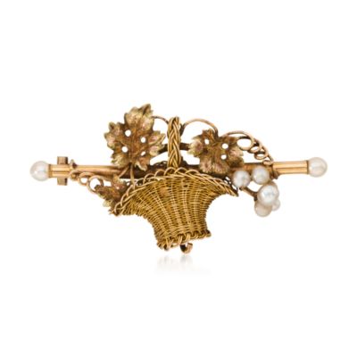 C. 1910 Vintage 2mm X 3mm Cultured Pearl Basket Brooch In 14kt Yellow Gold   &mdash; Alt Image 1