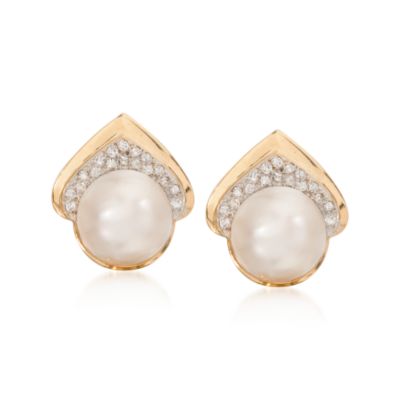 C. 1980 Vintage 15mm Cultured Mabe Pearl Earrings With Diamonds In 14kt Yellow Gold &mdash; Alt Image 1
