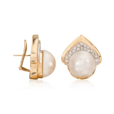 C. 1980 Vintage 15mm Cultured Mabe Pearl Earrings With Diamonds In 14kt Yellow Gold &mdash; Alt Image 2
