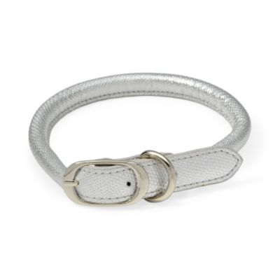 Faux Textured Leather Dog Collar In Metallic Silver  With Metal Buckle &mdash; Alt Image 1