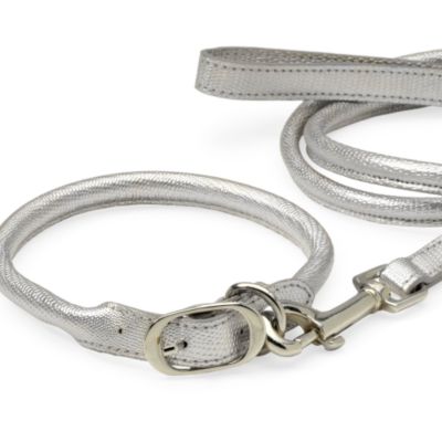 Faux Textured Leather Dog Collar In Metallic Silver  With Metal Buckle &mdash; Alt Image 2