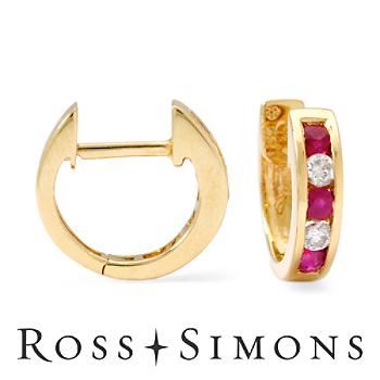 .45ct t.w. Ruby, .20ct t.w. Diamond Hoop Earrings In 14kt Yellow Gold