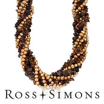 Cultured Pearl Torsade Necklace With Tiger's Eye and Smoky Quartz In Sterling Silver. 18"