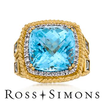 16.50ct Blue Topaz, .15 ct.t.w. Diamond Ring In Gold. Size 7
