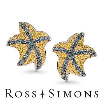 1.45ct t.w. Yellow, Blue Diamond Starfish Earrings In 14kt White Gold