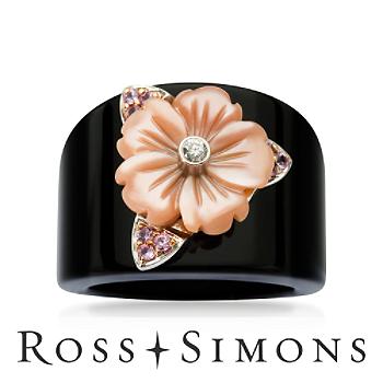 Black Onyx Floral Ring With Diamond Accent In 18kt White Gold. Size 6