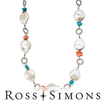 Cultured Pearl Necklace, Pink Coral, Turquoise In Silver