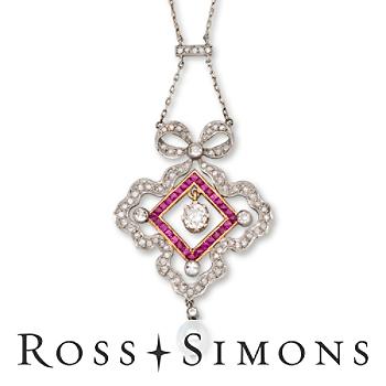 C.1900 Vintage 1.15ct t.w. Diamond Necklace, Ruby, Cultured Pearl, Gold. 15" vintage pearl jewelry