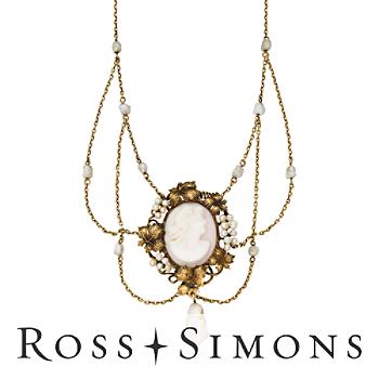 C. 1900. Vintage Victorian Agate Cameo, Cultured Pearl Lavaliere Necklace. 19" vintage pearl jewelry