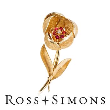 C. 1960. Vintage .90ct t.w. Ruby, Round-Brilliant-Cut Diamond Flower Brooch