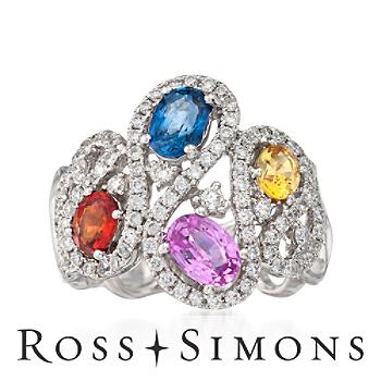 2.25ct t.w. Multicolored Sapphire, .90 ct t.w. Diamond Swirl Ring. Size 6.5