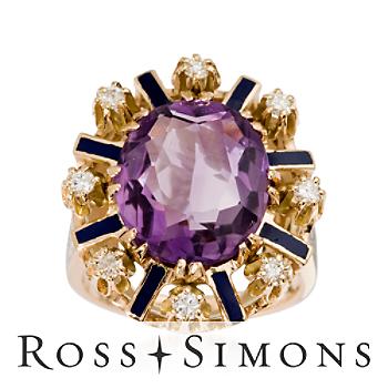 C. 1970. Vintage 5.85ct Amethyst .35ct t.w. Diamond, Enamel Ring. Size 6.75 vintage amethyst rings