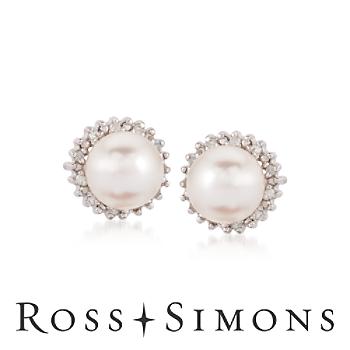7-7.5mm Cultured Pearl, .10ct t.w. Diamond Earrings in Silver