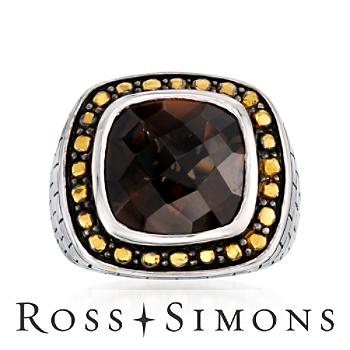 7.00 Carat Smoky Quartz Ring In Two-Tone Sterling Silver and Vermeil. Size 5"