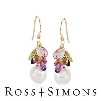 4.80 ct. t.w. Multi-Gem and 9-10mm Cultured Pearl Earrings In 14kt Yellow Gold"