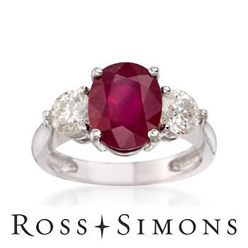 3.50ct Ruby, 1.00ct t.w. Diamond 3-Stone Ring In 14kt White Gold