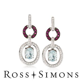 3.45 ct. t.w. Aquamarine and 1.05 ct. t.w. Diamond Earrings With .90 ct. t.w. Rubies In 14kt White Gold"